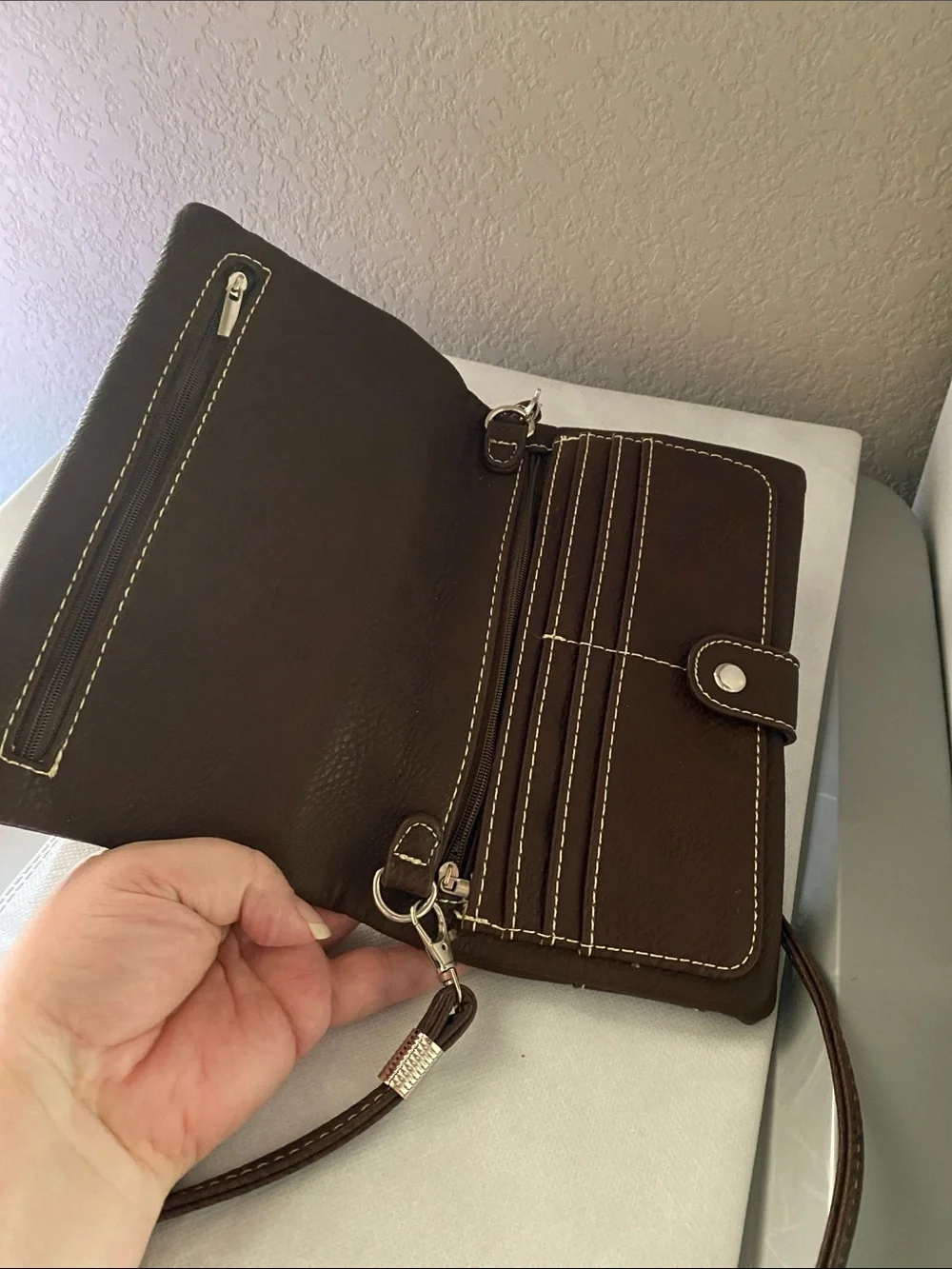 Faux Leather Purse Bag Wallet With Zip Pockets Rhinestones Embroidery crossbody - Picture 3 of 5